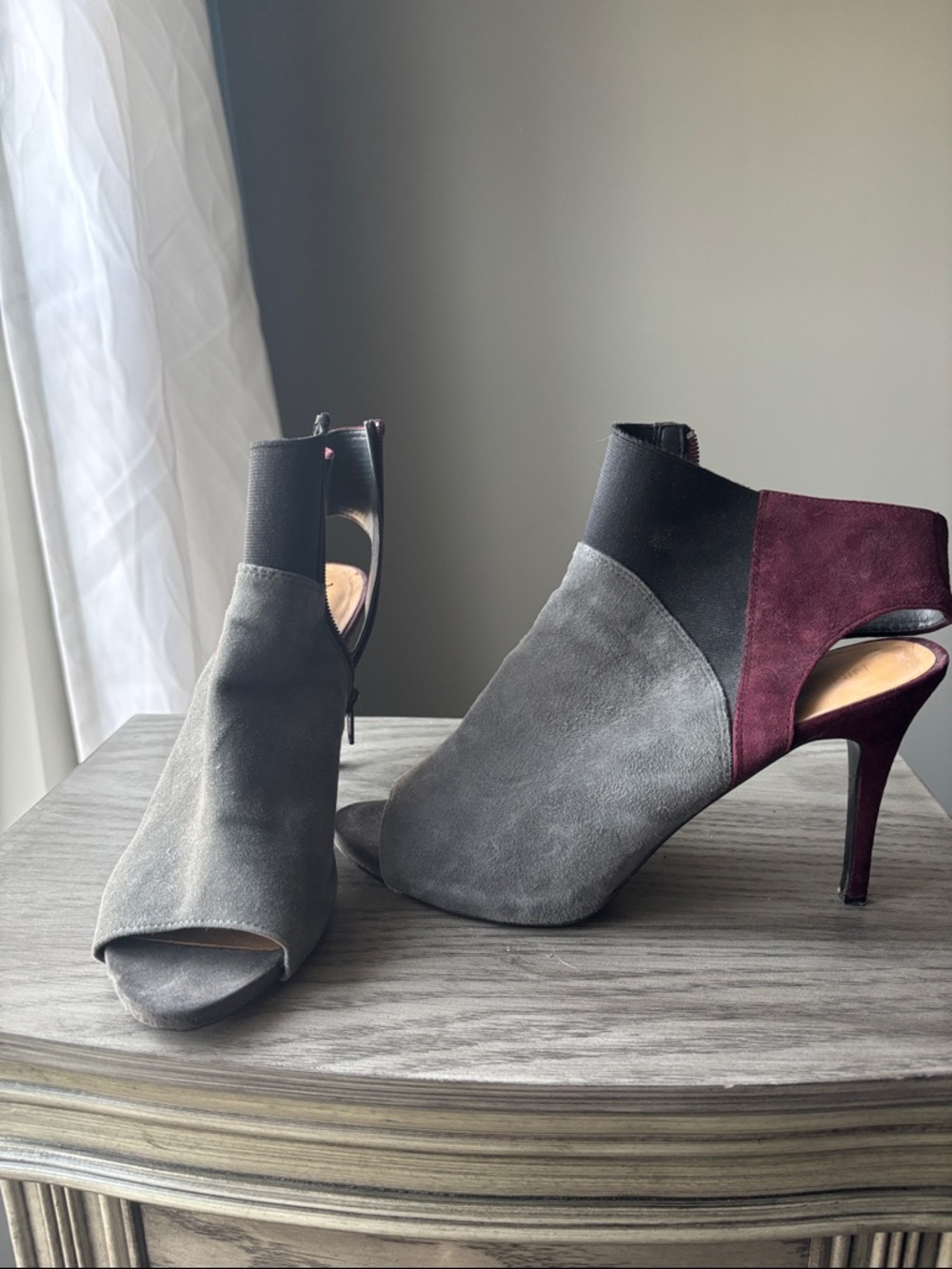 Grey and Burgundy Suede Peep-Toe Heels for Women